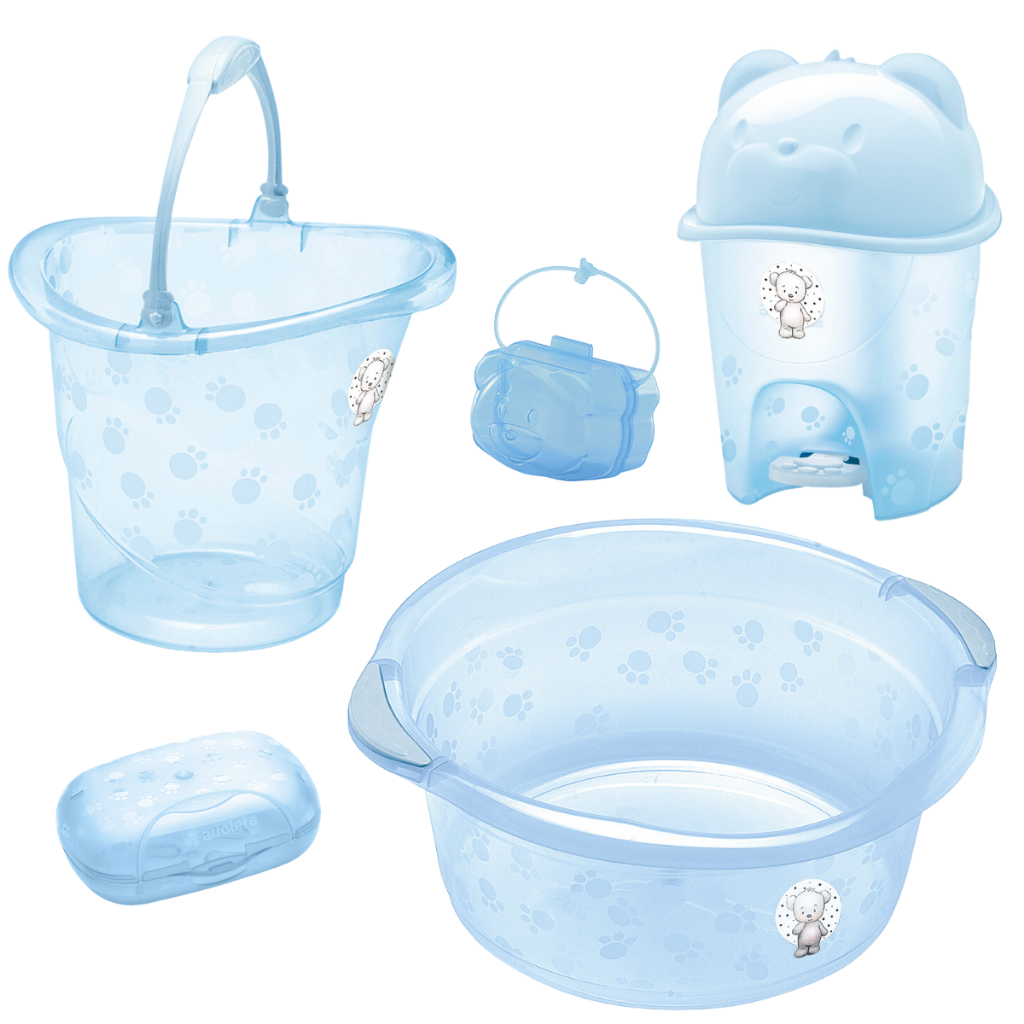 KIT BANHO DO BEBÊ ADOLETA COM BACIA URSINHO LIXEIRA SABONETEIRA BALDE INFANTIL PARA MENINO E MENINA