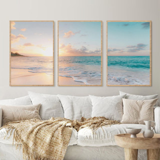 Quadro decorativo mar 40x60 3 peças para sala quarto hall