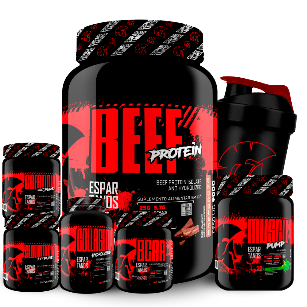 Proteína da carne - Kit Beef Protein + BCAA + Colágeno + Creatina + Glutamina + Pré Treino + Shaker