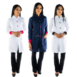 Jaleco feminino Branco ou azul Oxford com Punho e botão Preto ou vermelho