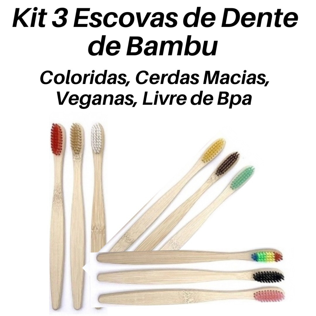Kit 3 Escovas De Dente De Bambu Biodegradável - Coloridas Cerdas Macias Veganas Livre De Bpa​
