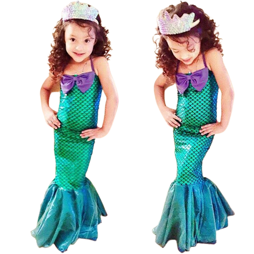 Vestido Fantasia Infantil Halloween Carnaval Princesa Sereia Ariel Verde e Roxo