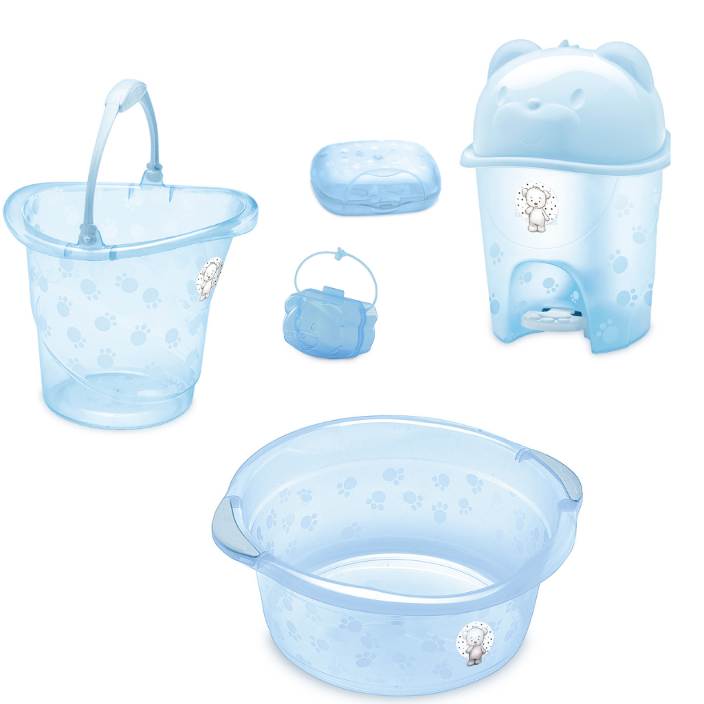 KIT BACIA BEBE INFANTIL ADOLETA + LIXEIRA + BALDE 13 LITROS + SABONETEIRA - Menino