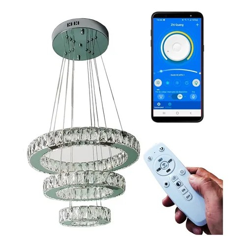 Lustre Pendente Cristal Led 3 Anéis Controle Remoto Aplicativo Bluetooth