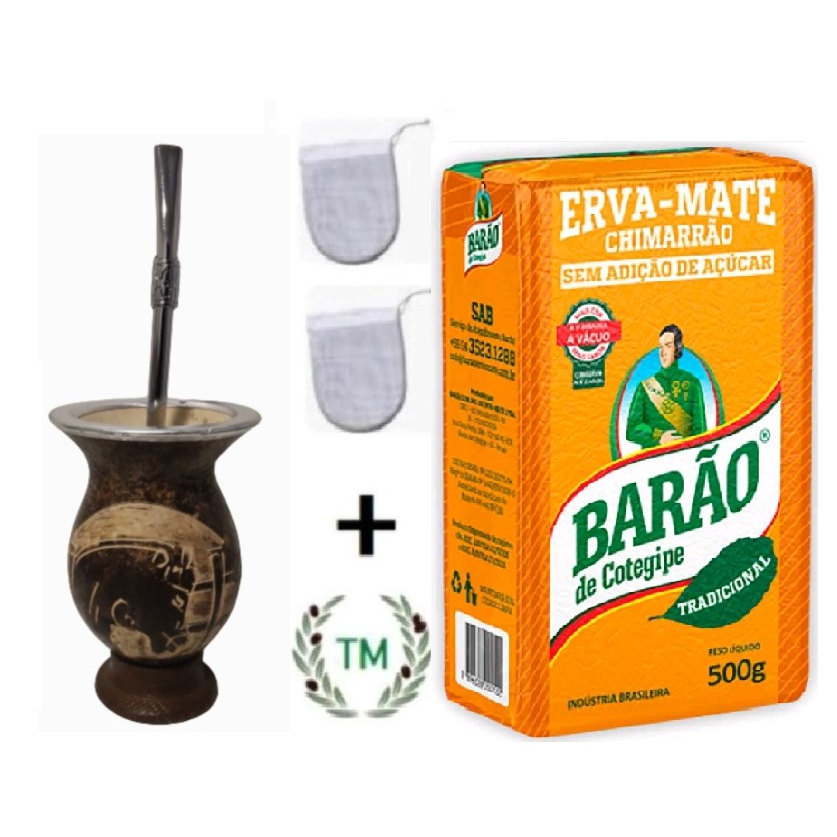 MINI Cuia para Chimarrão + Bomba + 2 Filtros + 500g Erva Mate para Chimarrão