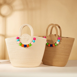 Bolsa com textura arco-íris de praia e passeio resistente pompom colorido