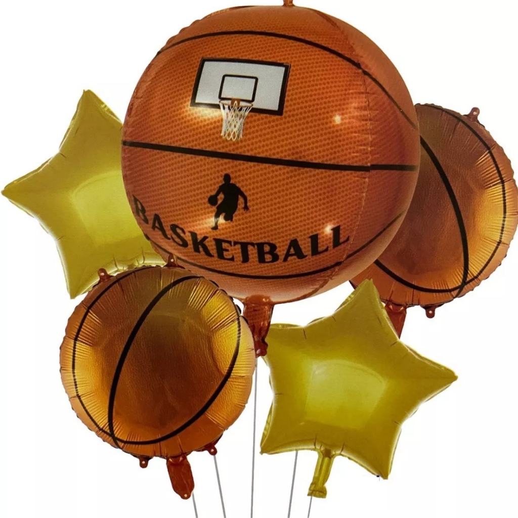 Kit c/ 5 Balão Metalizado Bola Basquete Decorativo Basketball + Balão Estrela Dourado 45cm