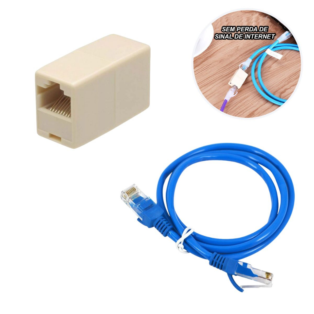 Kit Emenda Rj45 Fêmea Prolongador + Cabo De Rede 3 Metros Conectar Internet Ligar Fio No Outro Montado Pronto