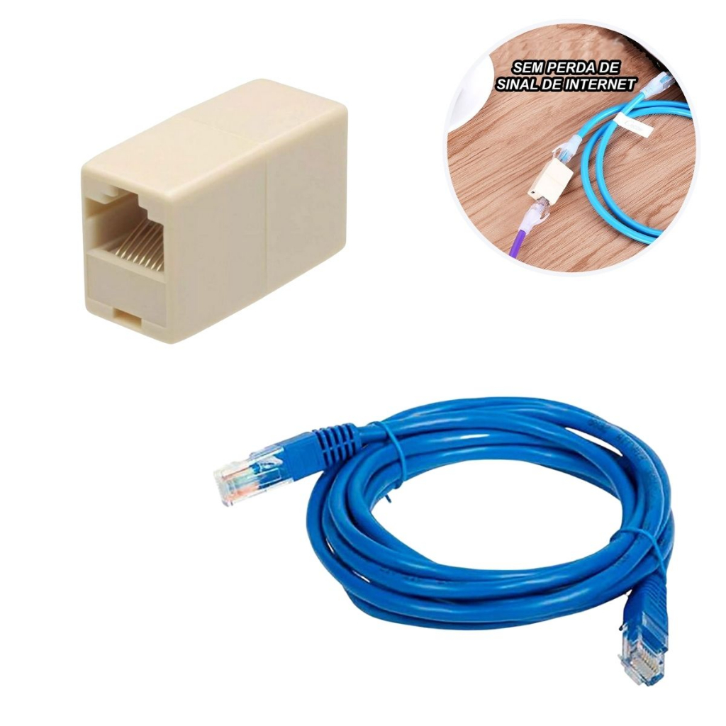 Kit Emenda Rj45 Fêmea Prolongador + Cabo De Rede 5 Metros Conectar Internet Ligar Fio No Outro Montado Pronto