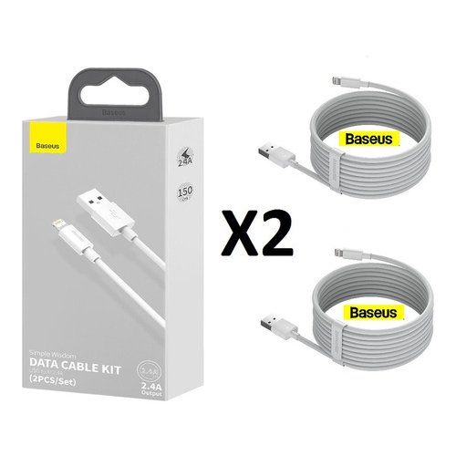 Kit 2 Cabos Baseus Lightning USB Simple Wisdom Turbo 150cm 2.4a P/ IP 8 , 9 ,10 ,11 ,12 ,13, 14 Original