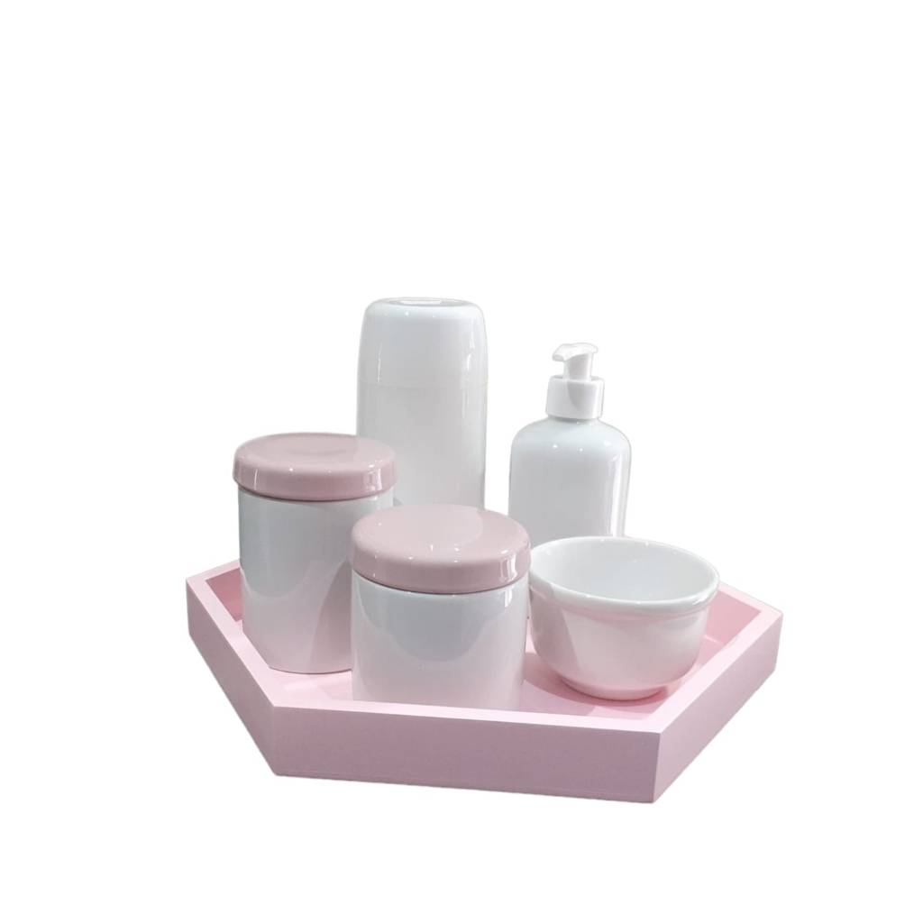 Kit Higiene Bebê porcelana menina maternidade garrafa térmica potes saboneteira bandeja e tampinha rosa