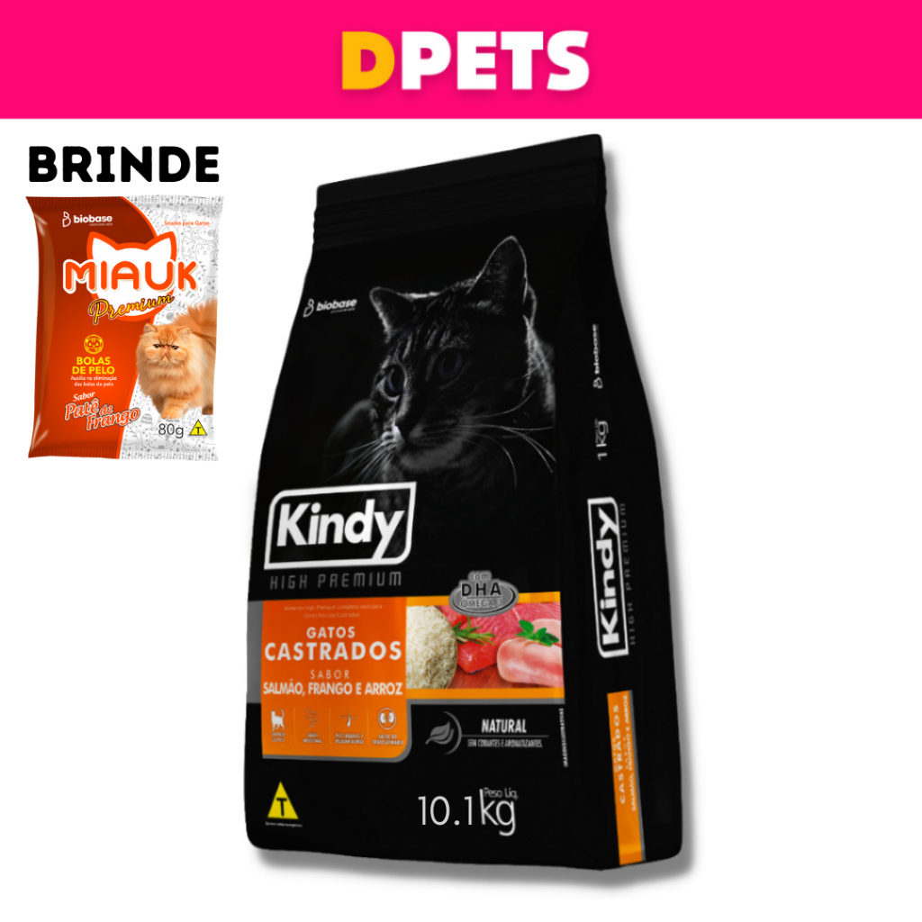 Ração Kindy High Premium 10.1kg Gatos Castrados - Ganhe um Snack Bola de Pelo Miauk