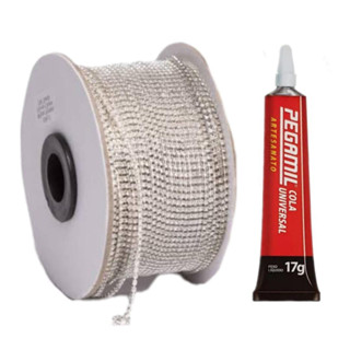 Corrente de Strass Cartela 5 metros +Cola Pegamil 17 grs Dourado e Prata
