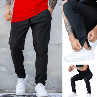 Calça masculina para atividade física em academia e corrida com cordão listras na lateral e bolso com zíper