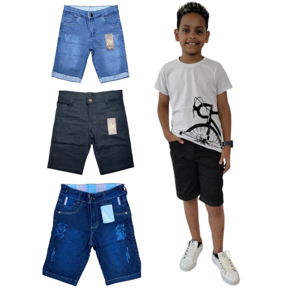 kit 3 CONJUNTO INFANTIL 3 CAMISA GOLA REDONDA E 3 BERMUDA SARJA SHORT JEANS.