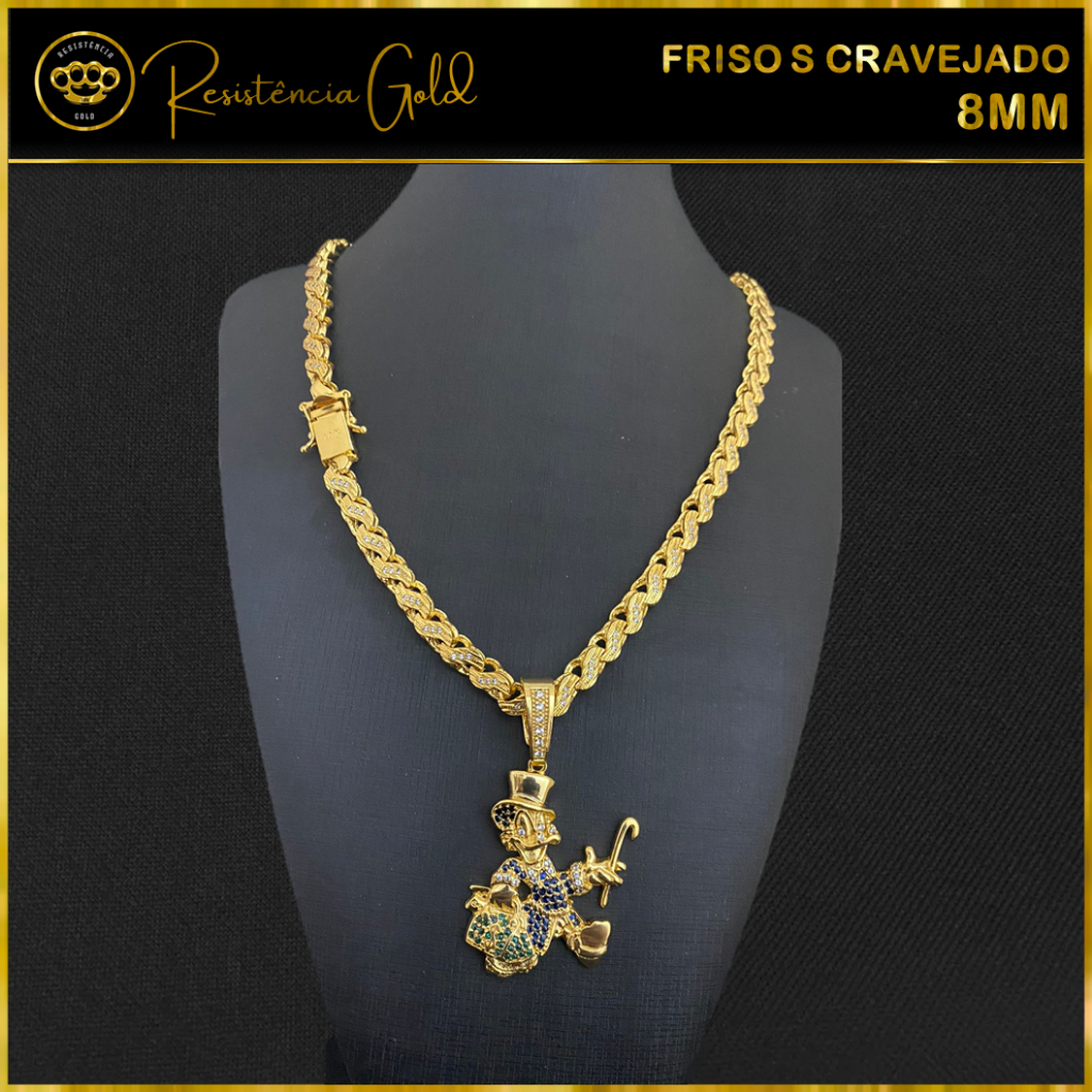 Cordão Friso S Cravejado de 8mm Banhado a Ouro 18k com Pingente Personalizado Tio Patinhas Cravejado