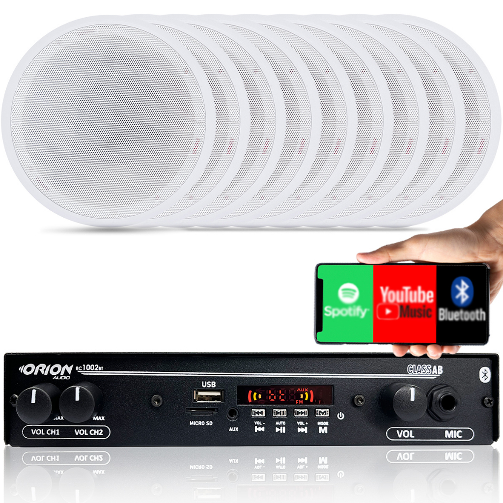 Kit Som Ambiente Amplificador Bluetooth Usb Sd Auxiliar  Fm +8 Caixas de Embutir Arandelas Gesso Teto 6 Polegadas 55W 8 Ohms - Audio