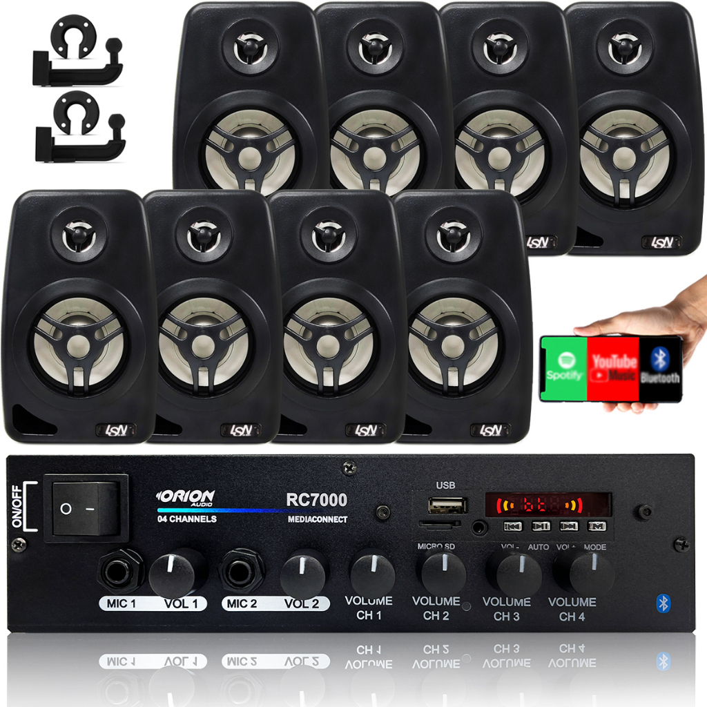 Kit Som Ambiente 500w Bt+8 Caixas Parede Pretas Leson 70 Rms