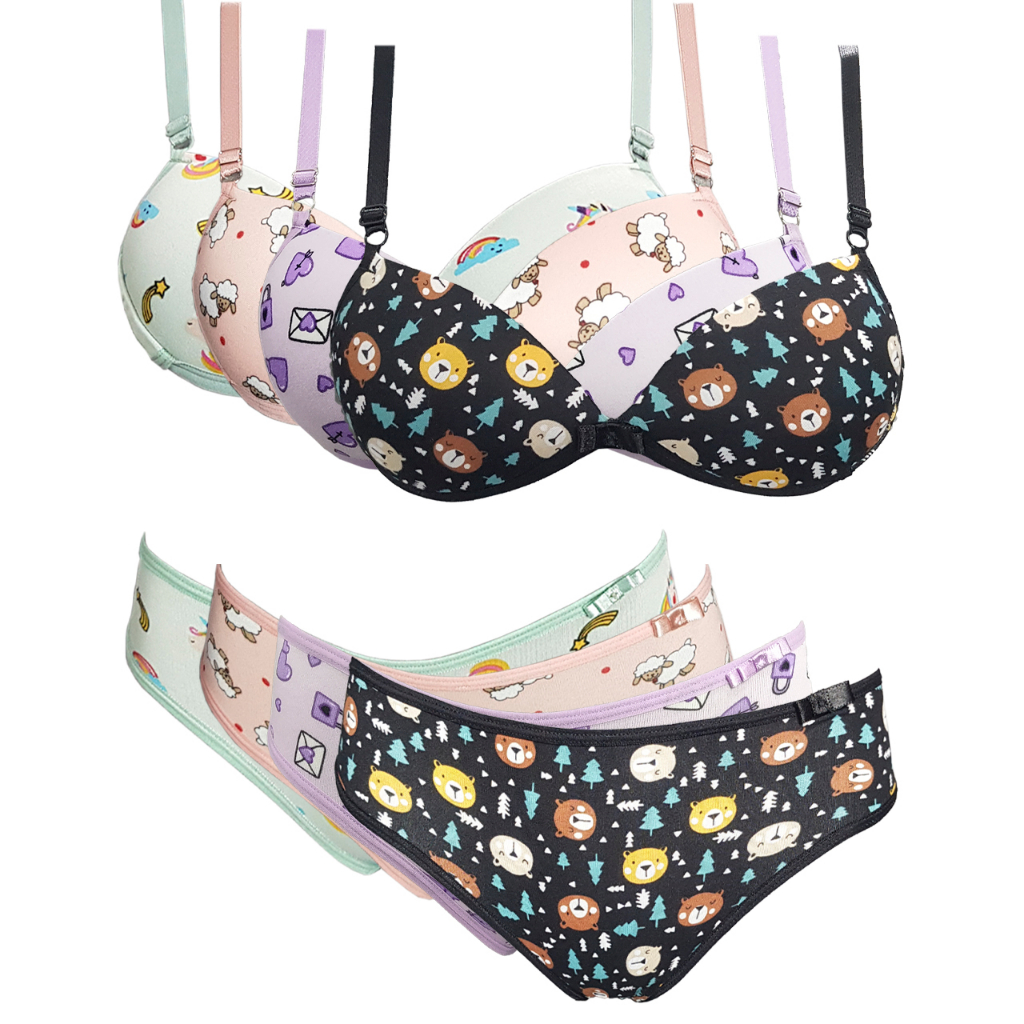 Kit 4 Conjuntos Infantil Menina Moça Com Bojo Juvenil Estampado Sutiã + Calcinha Confortável