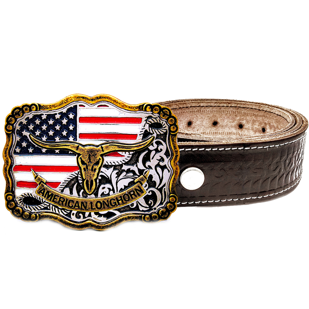 Cinto Country De Couro Legítimo + Fivela EUA American Longhorn Peao em Oferta na Shopee