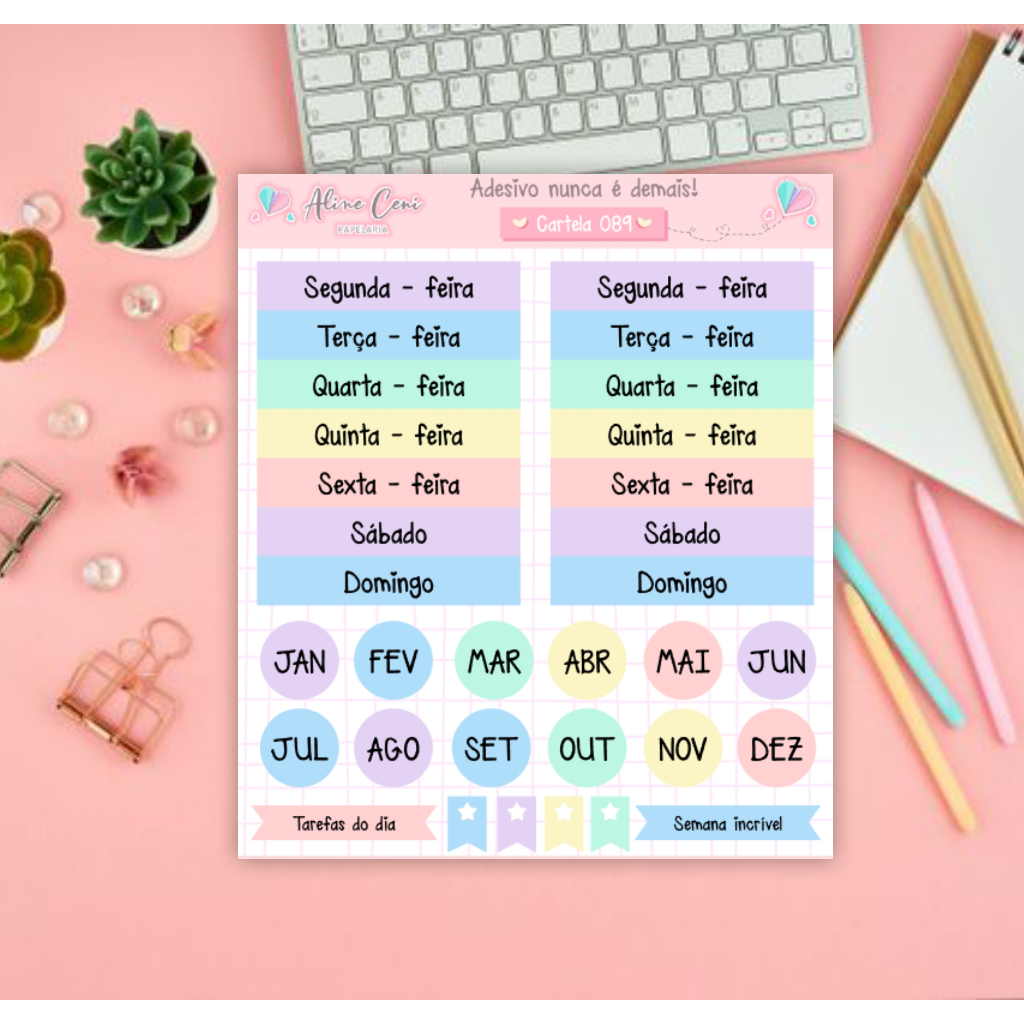 Cartela de Adesivo n 089 - Adesivos com dias da semana, mês e tarefas do dia para planejamento e organização de planner