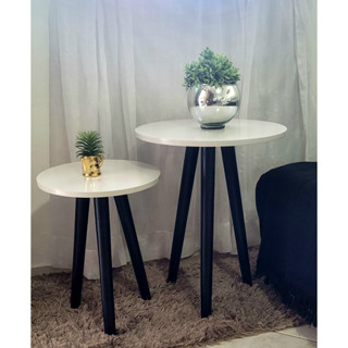 Mesa lateral redonda e canto na cor BRANCO OFF WHITE Kit com 2 unidades com 3 pé palito na cor preto BP