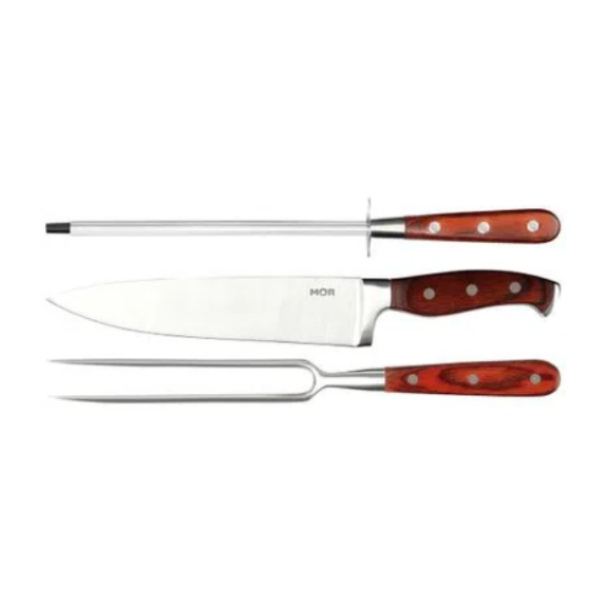 Conjunto de Faca 8″ Garfo e Chaira em Aço Inoxidável e Cabo em Madeira Steel Churrasco Gourmet em Oferta na Shopee