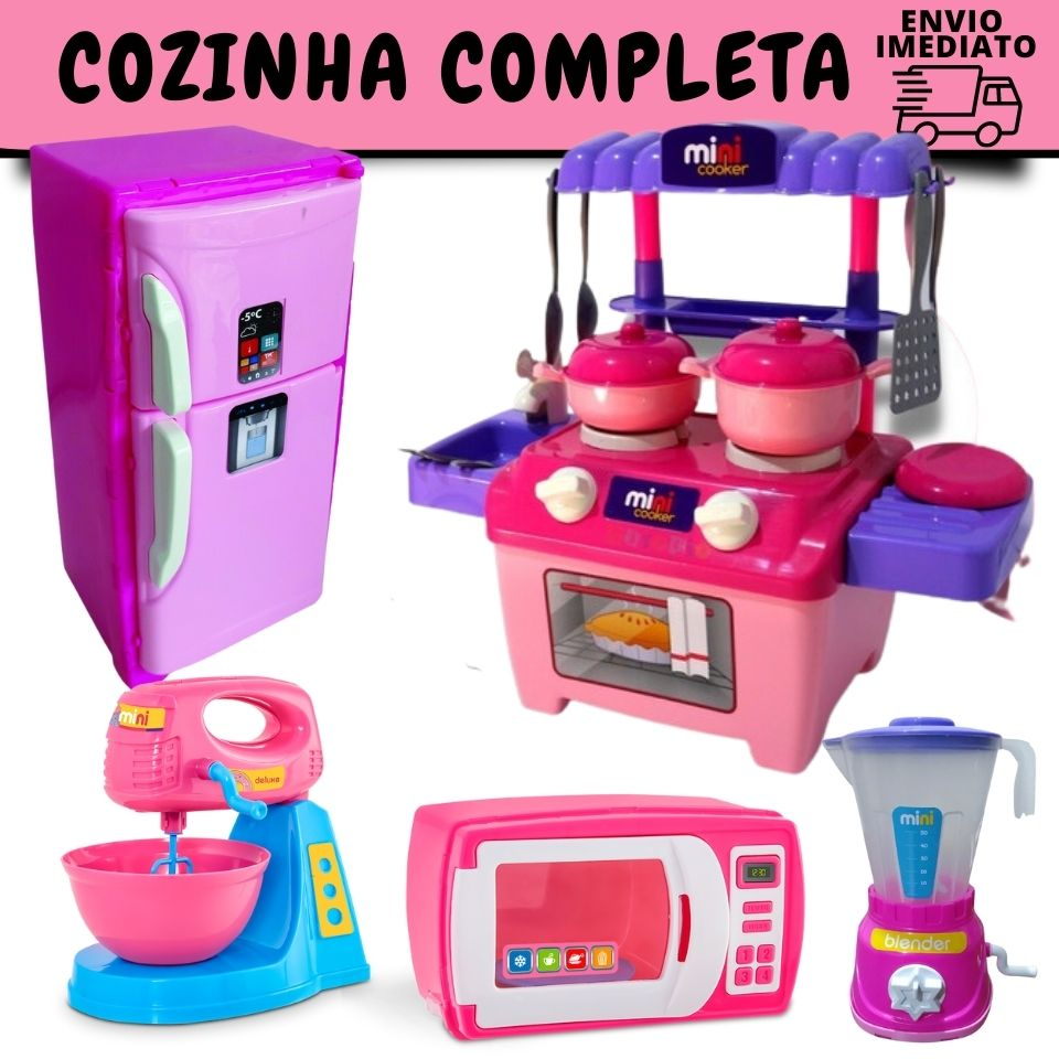 Kit Cozinha Infantil Com Fogão, Pia, Panelas, Talheres, Liquidificador, Batedeira, Microondas, Geladeira Brinquedo Para Menina