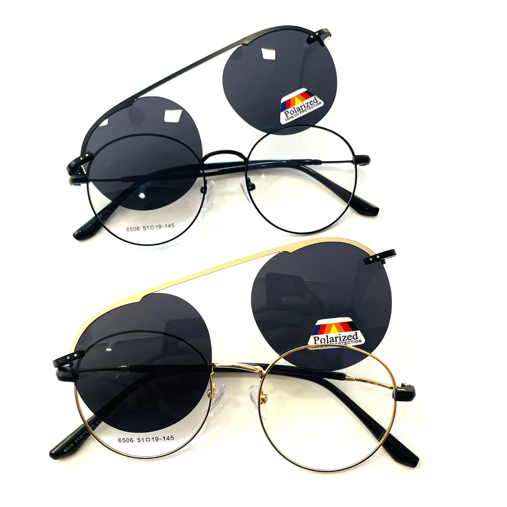 Óculos 2 em 1 Redondo Armação de Grau em Metal Clip On Com Lente Solar Polarizada e Proteção UV400