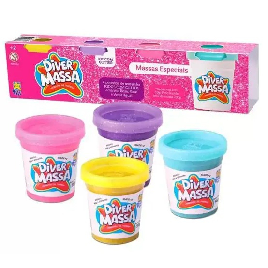Massinha de Modelar Glitter Kit com 4 Potes Divertoys Massinha Criança Diversão Alegria Presente Lembrança