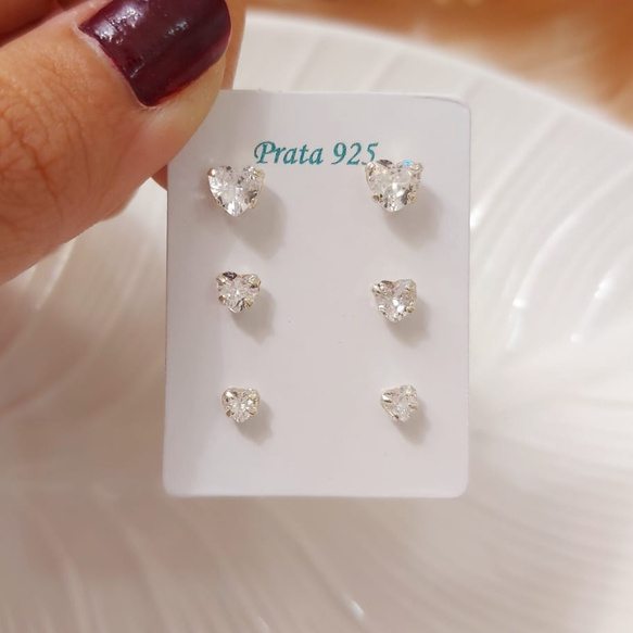 Trio Brincos De Coração Zircônia Prata 925 Legítima 3 Furos