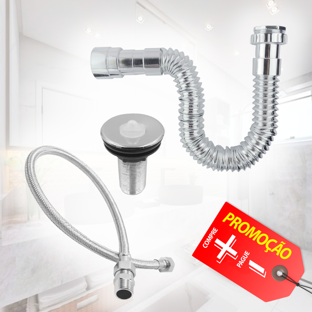 Kit Sifão Sanfonado Engate Flexível 40cm Válvula Lavatório Metal Cromado Cód. 8803