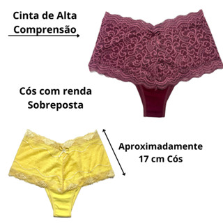 Kit 3 Calcinha Cinta Renda Alta Cintura Cotton Algodão Cós Alta Tanga Confortável Moderna Segura Barriga