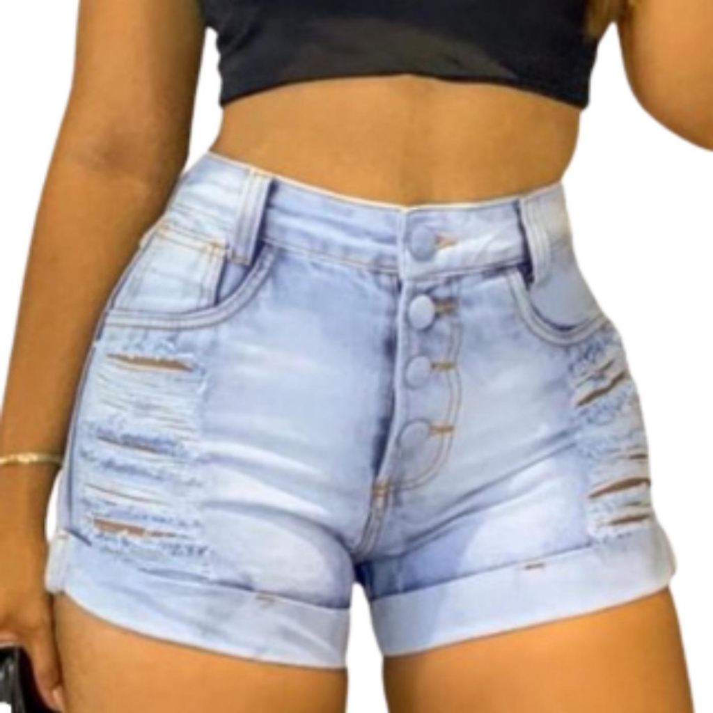 Short Feminino Jeans Short Curto  Feminino Estilo Rasgado Jeans Luxo sem Lycra