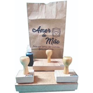 Kit 3 Carimbos Madeira Personalizados 1un 15x15 + 2un Até 5x5cm + Carimbeira + Tinta Ideal sacolas kraft em Oferta na Shopee
