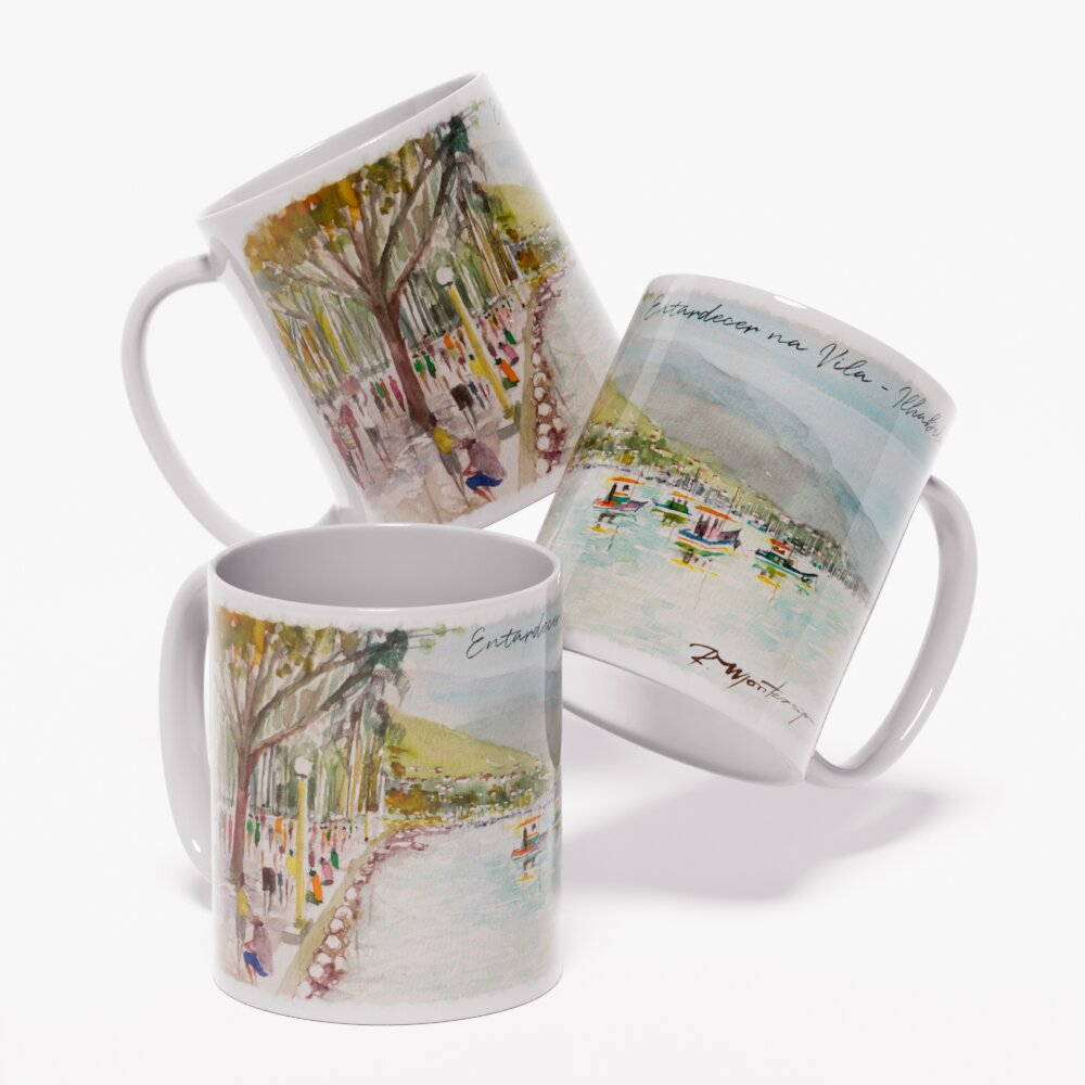 Caneca Entardecer na Vila - Ilhabela | Arte em Aquarela Caneca de Porcelana Personalidade Decorativa