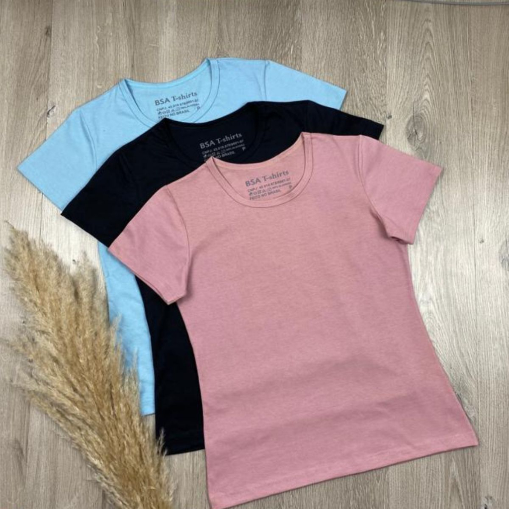 3 Peças T-shirt Lisa Camiseta Blusinha Feminina Básica 100% Algodão