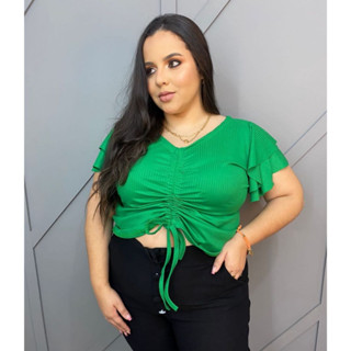Cropped Plus Size Feminino Manga Drapeada Malha Canelada Moda Verão Diversas Cores