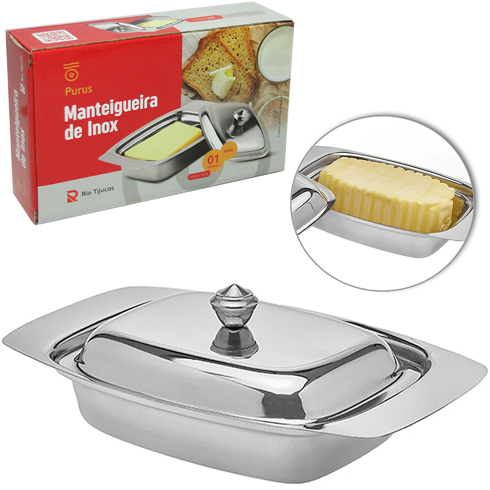 Manteigueira De Inox Retangular Funda Com Tampa 19cm