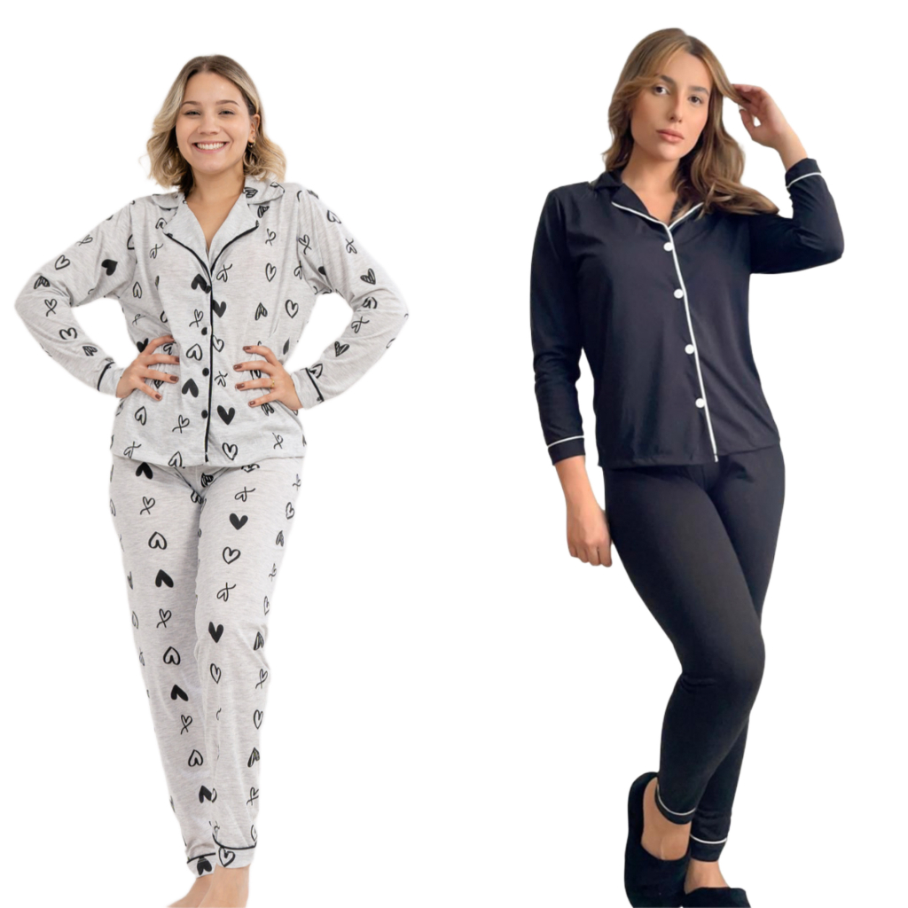 Kit 2 Pijama Feminino Americano Longo Inverno Amamentação Botões Malha  de Frio Manga Long...