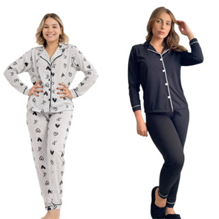Kit 2 Pijama Feminino Americano Longo Inverno Amamentação Botões Malha  de Frio Manga Long...