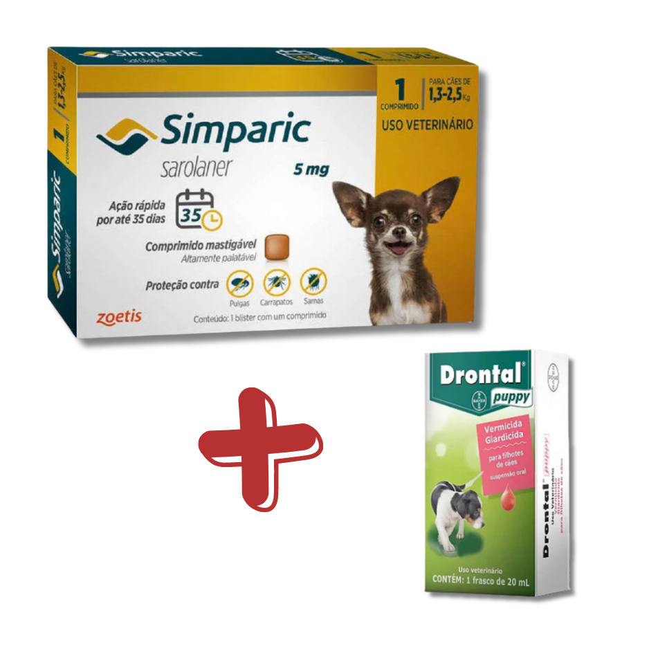 Kit Simparic Cães 1,3 a 2,5kg 1 Comprimido + Vermífugo Drontal Puppy 20ml - Pets