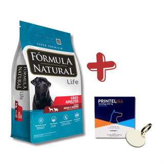 Kit Ração Fórmula Natural Life Cães Adultos Médio Grande 15kg + Printel Plus e Medalha de Identificação (PRINTEL CARTELA)