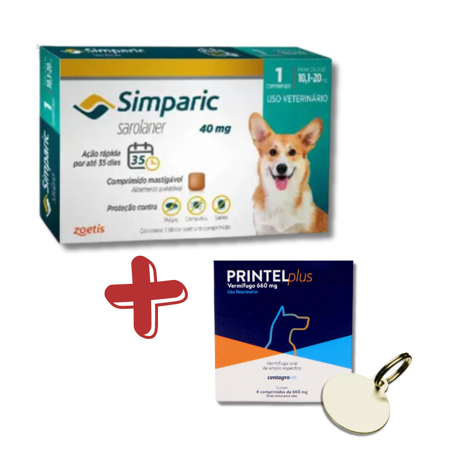 Kit Simparic Cães 10,1 a 20kg 1 Comprimido + Vermífugo Printel Plus e Medalha de identificação (PRINTEL PLUS CARTELA) - Pets