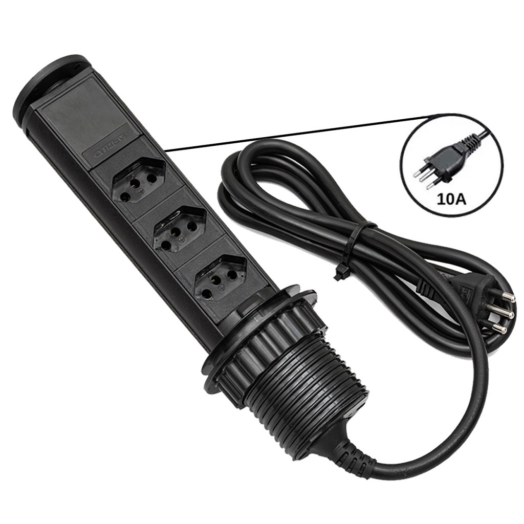 Torre De Tomada Multiplug Retratil Embutir Mesa Bancada 3 Tomadas 10A Branco Cinza Preto Sobrepor