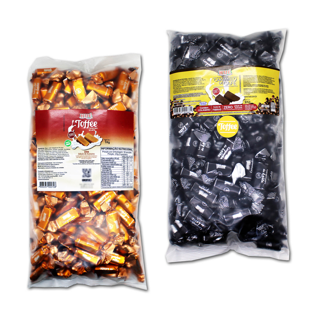 KIT HUE BALA TOFFEE DIET 2KG CARAMELO CAFE E CARAMELO LEITE