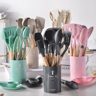 Kit Jogo C/12 Peças Utensílios De Cozinha Colheres Espatula Silicone Cabo Madeira Decoraçã...