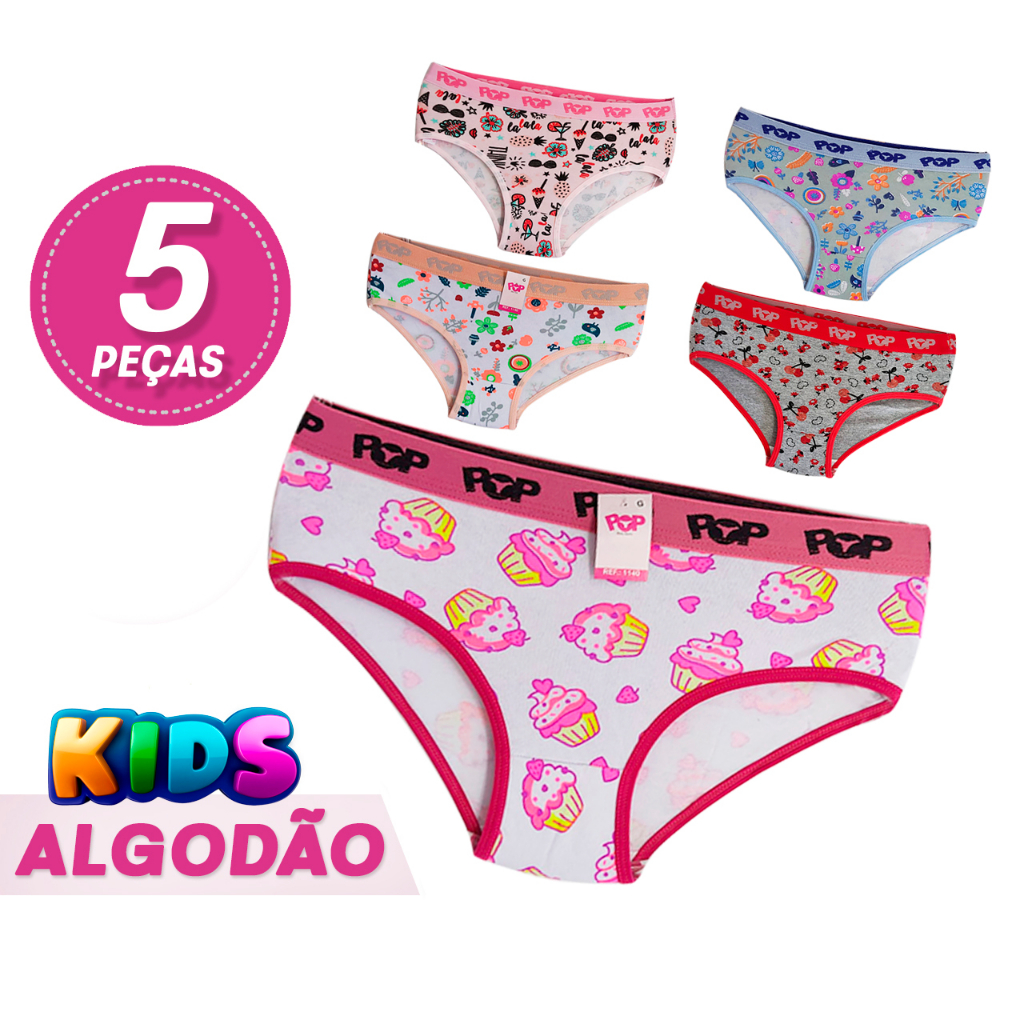 Kit 6 Calcinha INFANTIL Algodão com Elástico no Còs Pop P ao GG Qualidade Conforto Calcinhas Criança Estampada Fofas