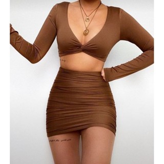 Conjunto Curto Com Saia Franzida Cropped Com Detalhe No Peito Canelado ( FERNANDA )
