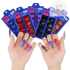 Kit 100 Peçs De Unhas Postiças Colorido Bailarina Longa Decoradas Várias Cores